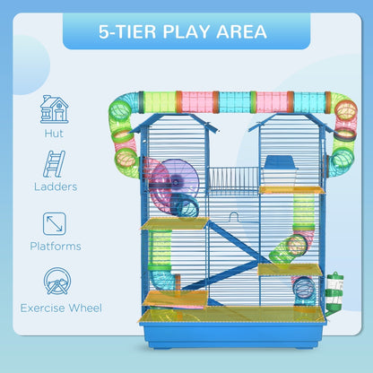 The hamster cage highlighting the five levels and included play accessories