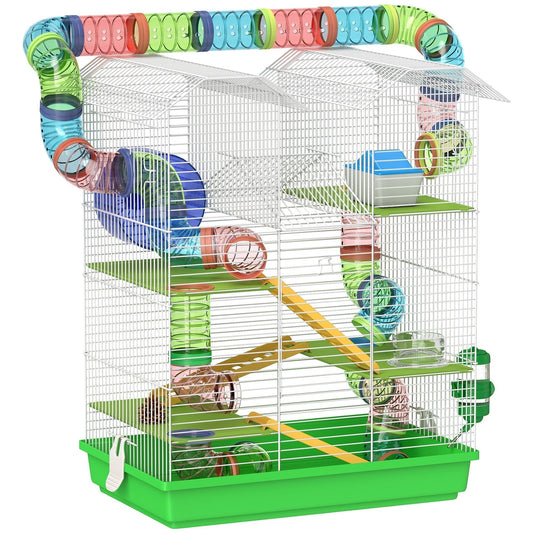 PawHut 5 Tier Hamster Cage Carrier Habitat with exercise wheels, tunnels, water bottle and dishes