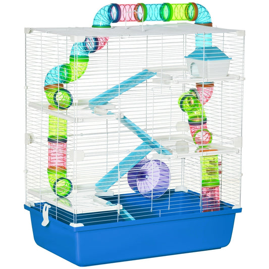 PawHut 5 Tier Hamster Cage, a blue and white multi-level home with tubes and accessories