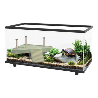 PawHut 50L Glass Turtle Tank Aquarium with Basking Platform featuring a turtle on a rock