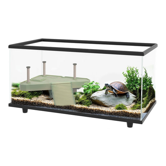 PawHut 50L Glass Turtle Tank Aquarium with Basking Platform featuring a turtle on a rock