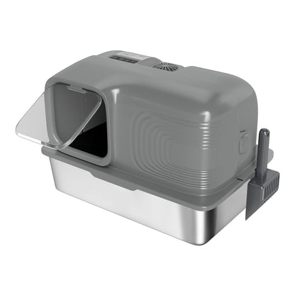 PawHut 65L Extra Large Stainless Steel Litter Tray with a grey hood and a side scoop