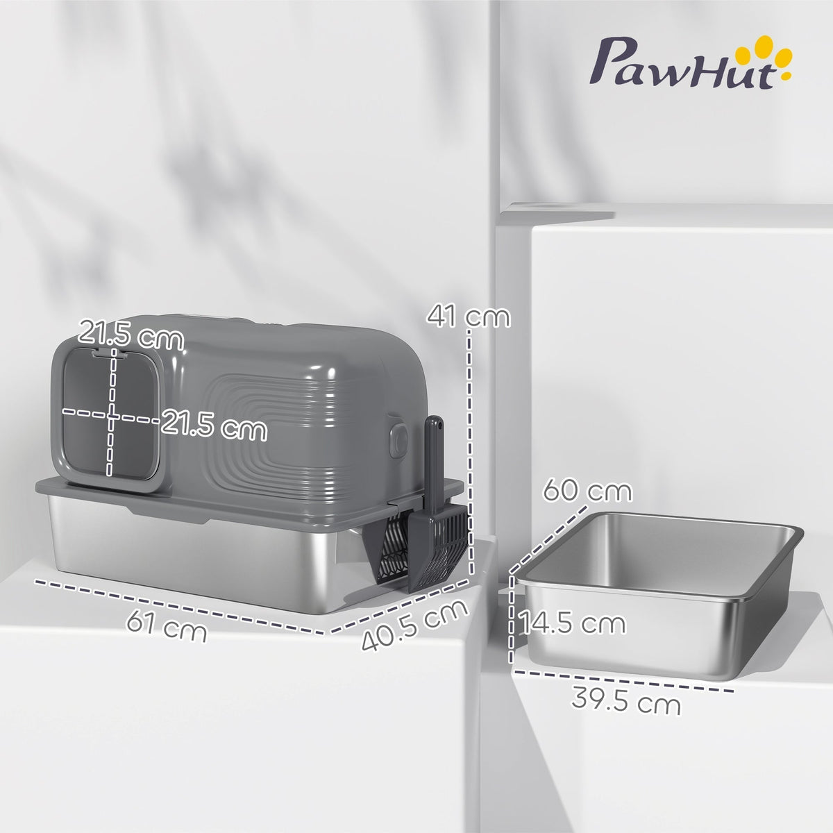 The stainless steel litter tray shown with various dimensions marked on the white background