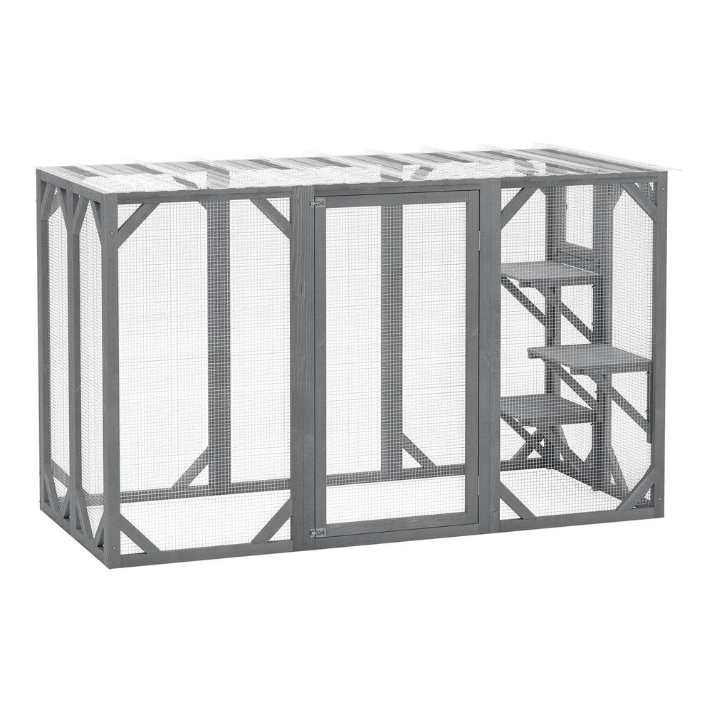 PawHut 71" Outdoor Wooden Cat House with Three Platforms, a large grey outdoor cat enclosure with a door and platforms
