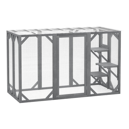 PawHut 71" Outdoor Wooden Cat House with Three Platforms, a large grey outdoor cat enclosure with a door and platforms