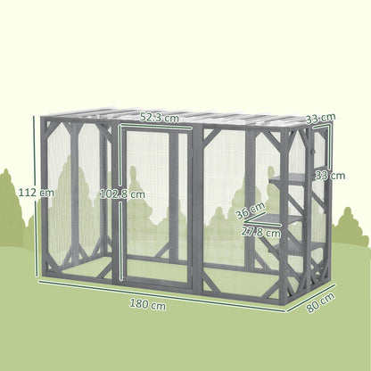 Dimensions diagram for the large wooden cat house, showing its size and platform heights