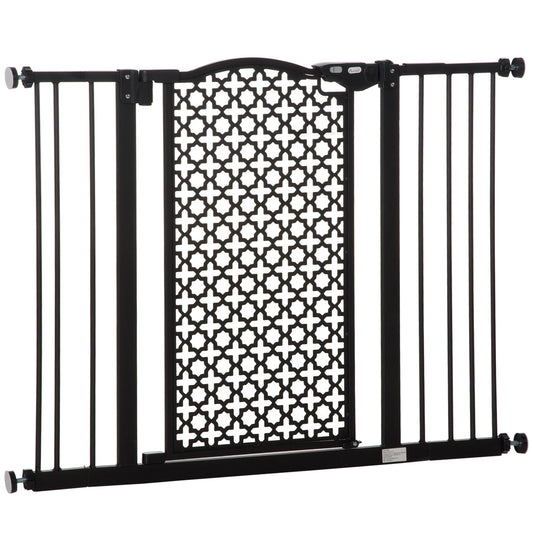 PawHut 74-105cm Pet Safety Gate Stair Barrier, a black metal gate with a decorative patterned insert