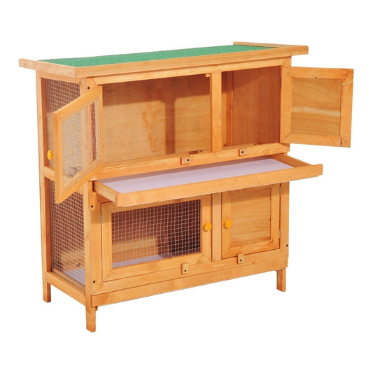 Pawhut 90cm 2 Tiers Double Decker Wooden Guinea Pigs Hutches Pet Cage showing the front with two doors on each level