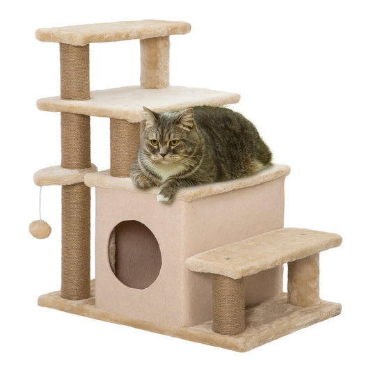 PawHut Adjustable Cat Steps with a beige house and hanging toy ball, featuring multiple platforms and scratching posts