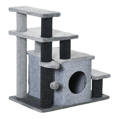 PawHut Adjustable Cat Steps with house and hanging toy ball in grey