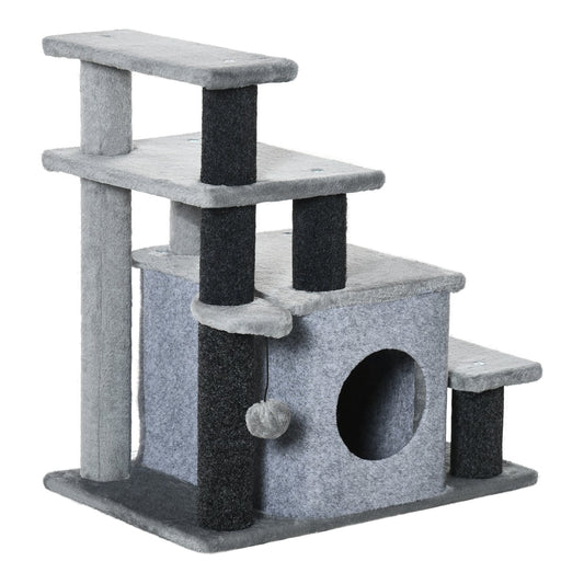 PawHut Adjustable Cat Steps with house and hanging toy ball in grey