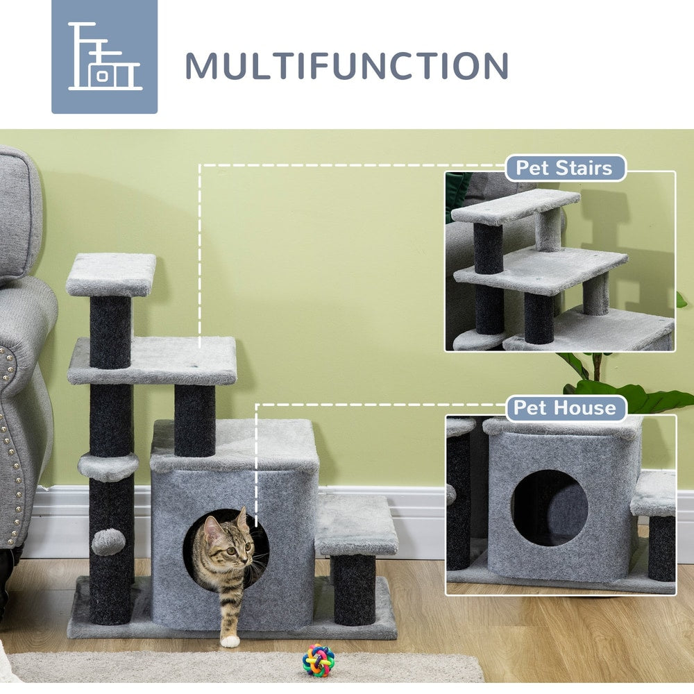 The grey pet steps with house and toy ball shown as a pet house and pet stairs
