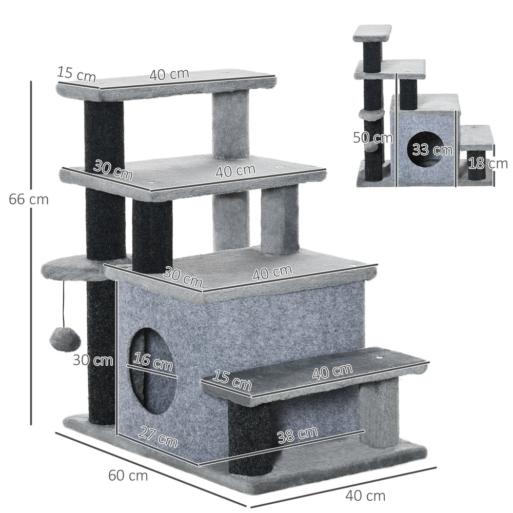 Dimensions diagram for the grey pet steps with house and toy ball