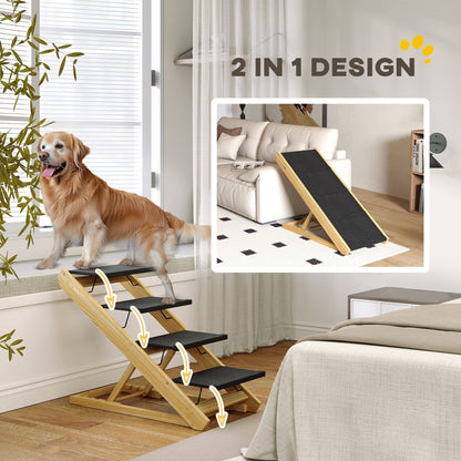 The pet steps shown in both stair and ramp configurations in a bedroom