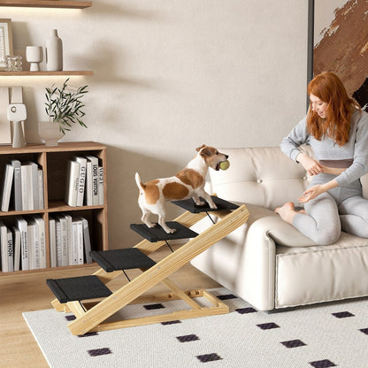 A small dog standing on the pet steps next to a woman sitting on a sofa