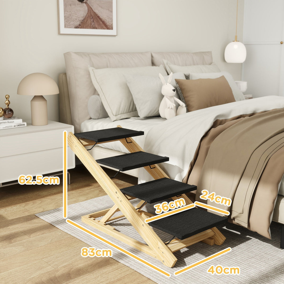 The pet steps placed beside a bed with yellow lines indicating dimensions