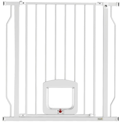 PawHut Adjustable Pet Gate with Cat Door, a white metal pressure fit barrier with a small cat flap in the centre
