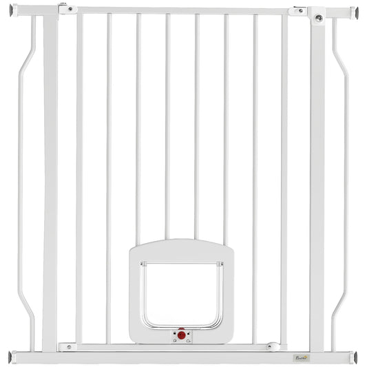 PawHut Adjustable Pet Gate with Cat Door, a white metal pressure fit barrier with a small cat flap in the centre