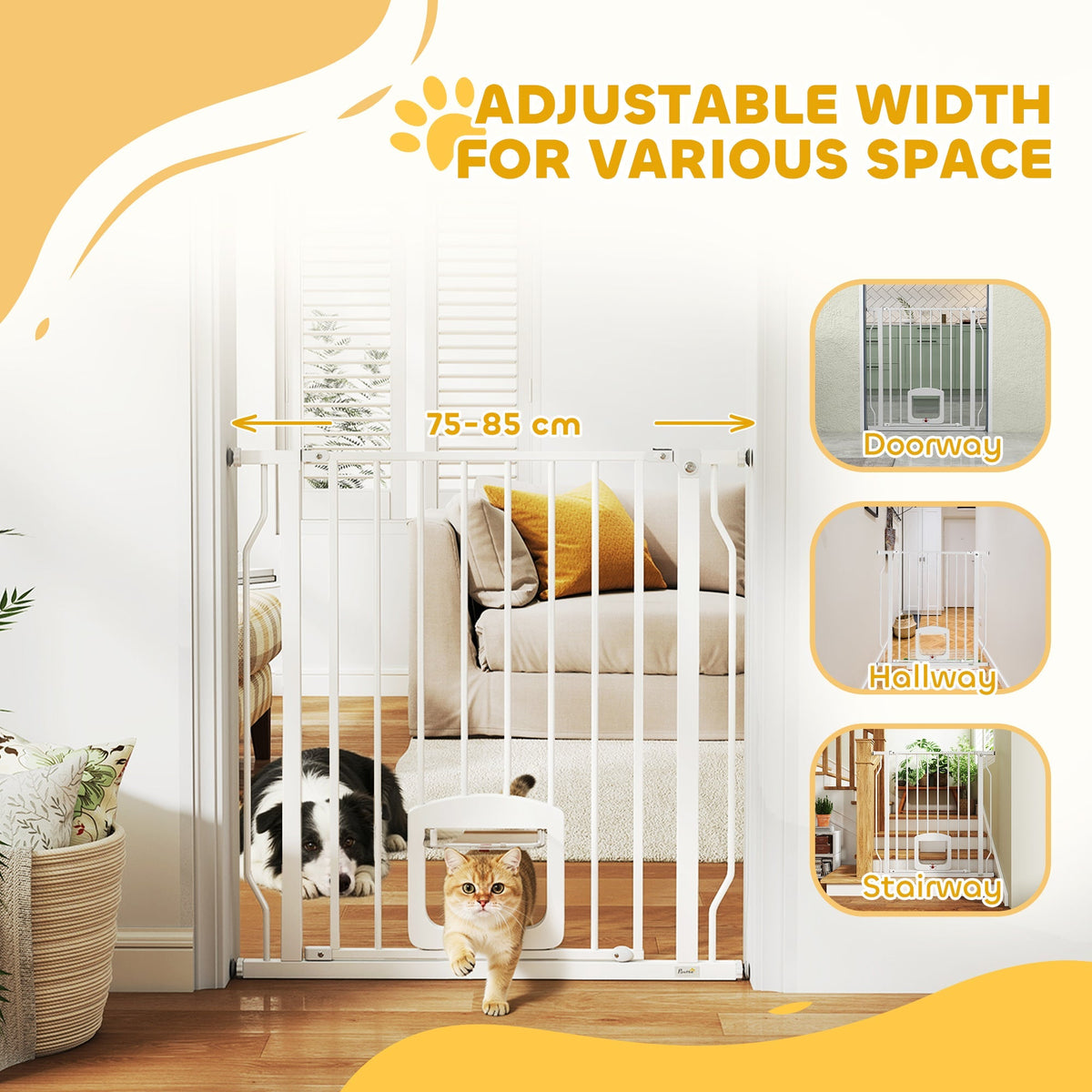 The white pressure fit dog gate with cat door is shown in a doorway, hallway and on stairs