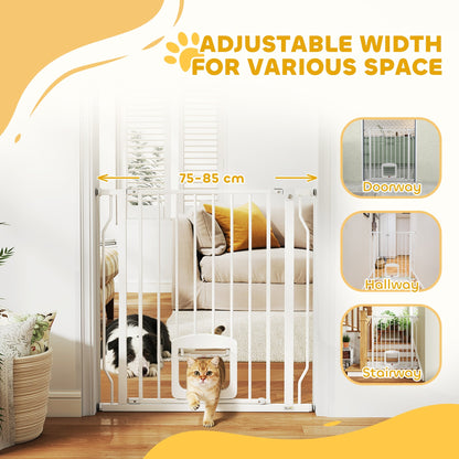 The white pressure fit dog gate with cat door is shown in a doorway, hallway and on stairs