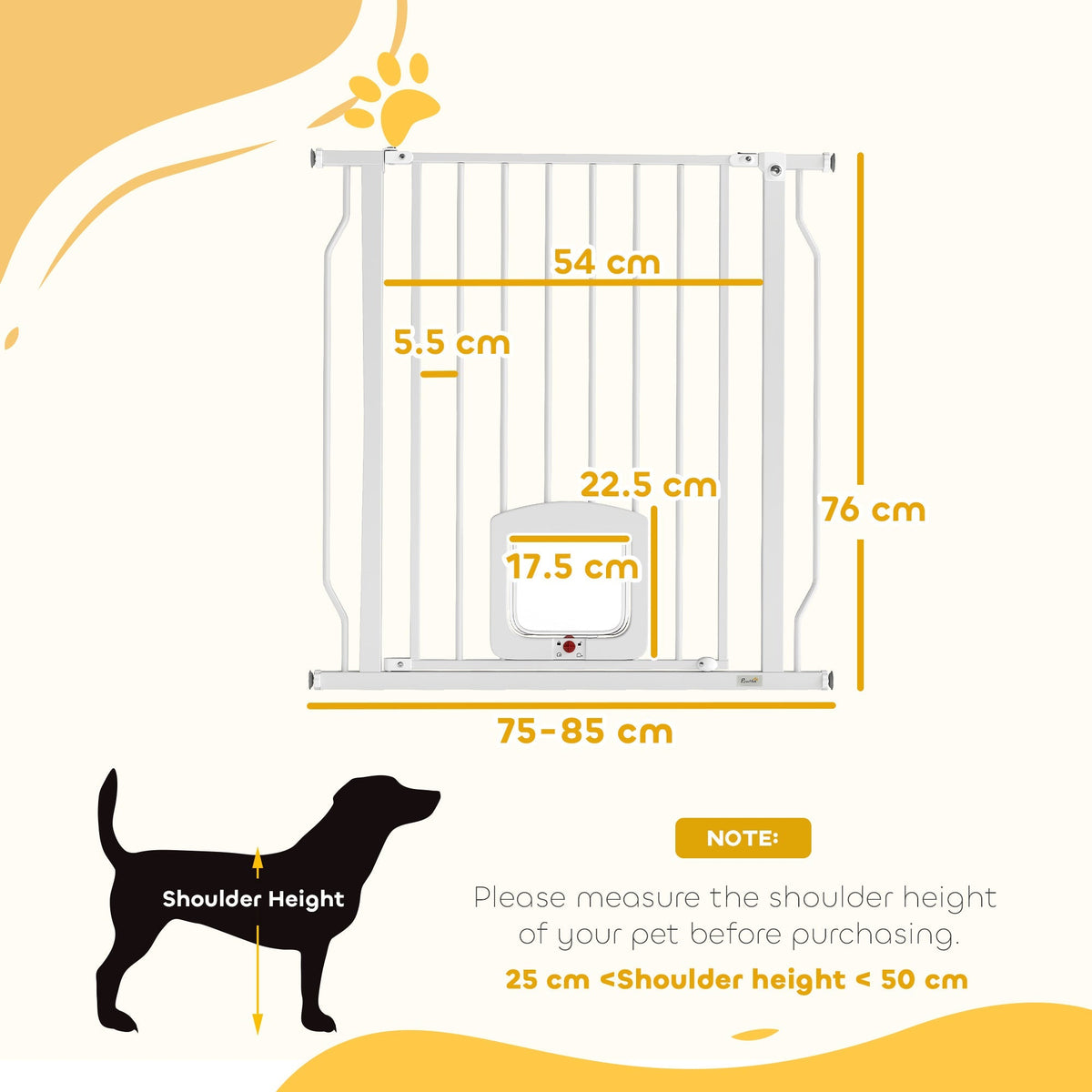 This adjustable pet barrier with cat door has a diagram showing its dimensions and a silhouette of a dog