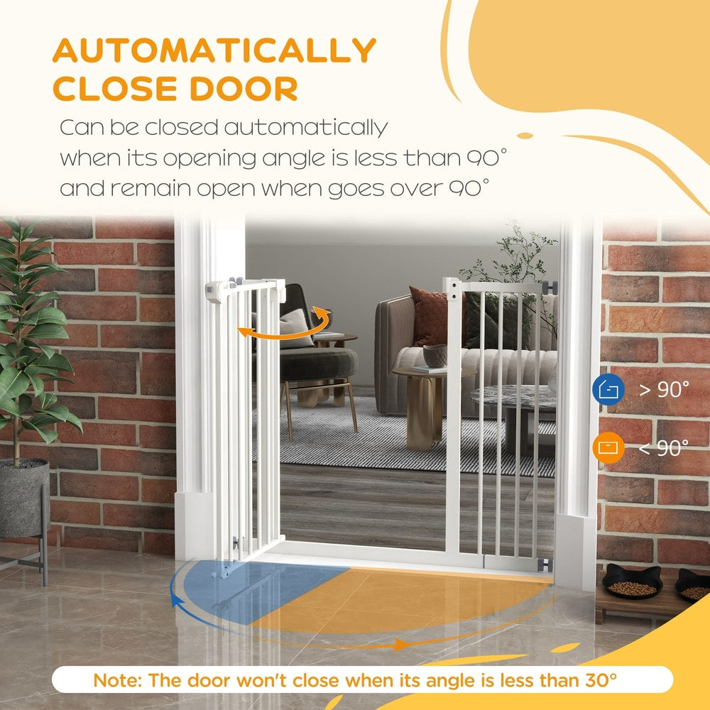The white dog gate shown in a doorway with text explaining its automatic closing feature