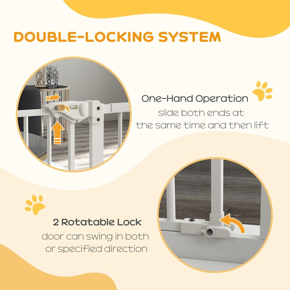 Close up of the double-locking system and one-hand operation of the white dog gate