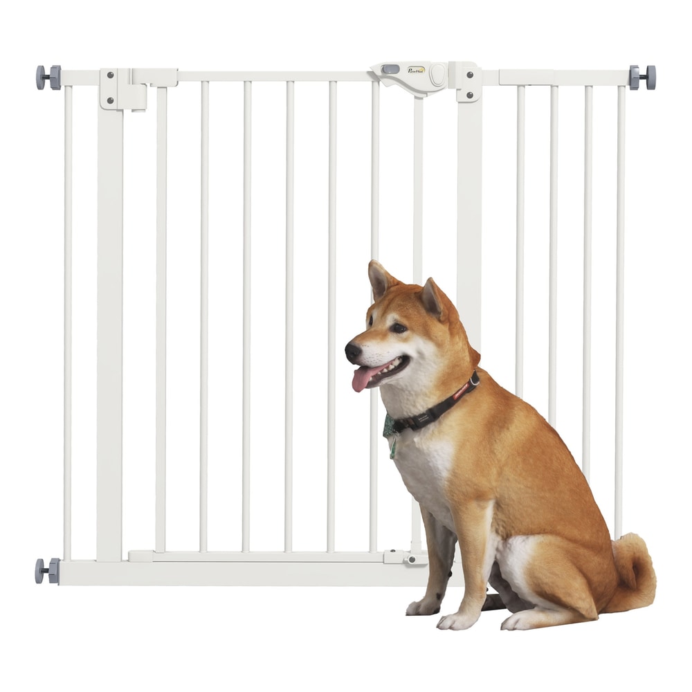 PawHut Adjustable Safety Gate w/ One Extensions, a white metal pet barrier with vertical bars