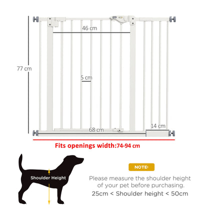 A size diagram showing the dimensions of the white dog gate and recommended opening width