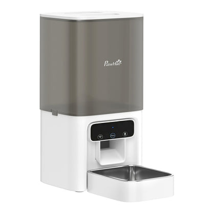 PawHut Automatic Cat Feeder, a white and grey automatic pet feeder with a clear top compartment for cat food
