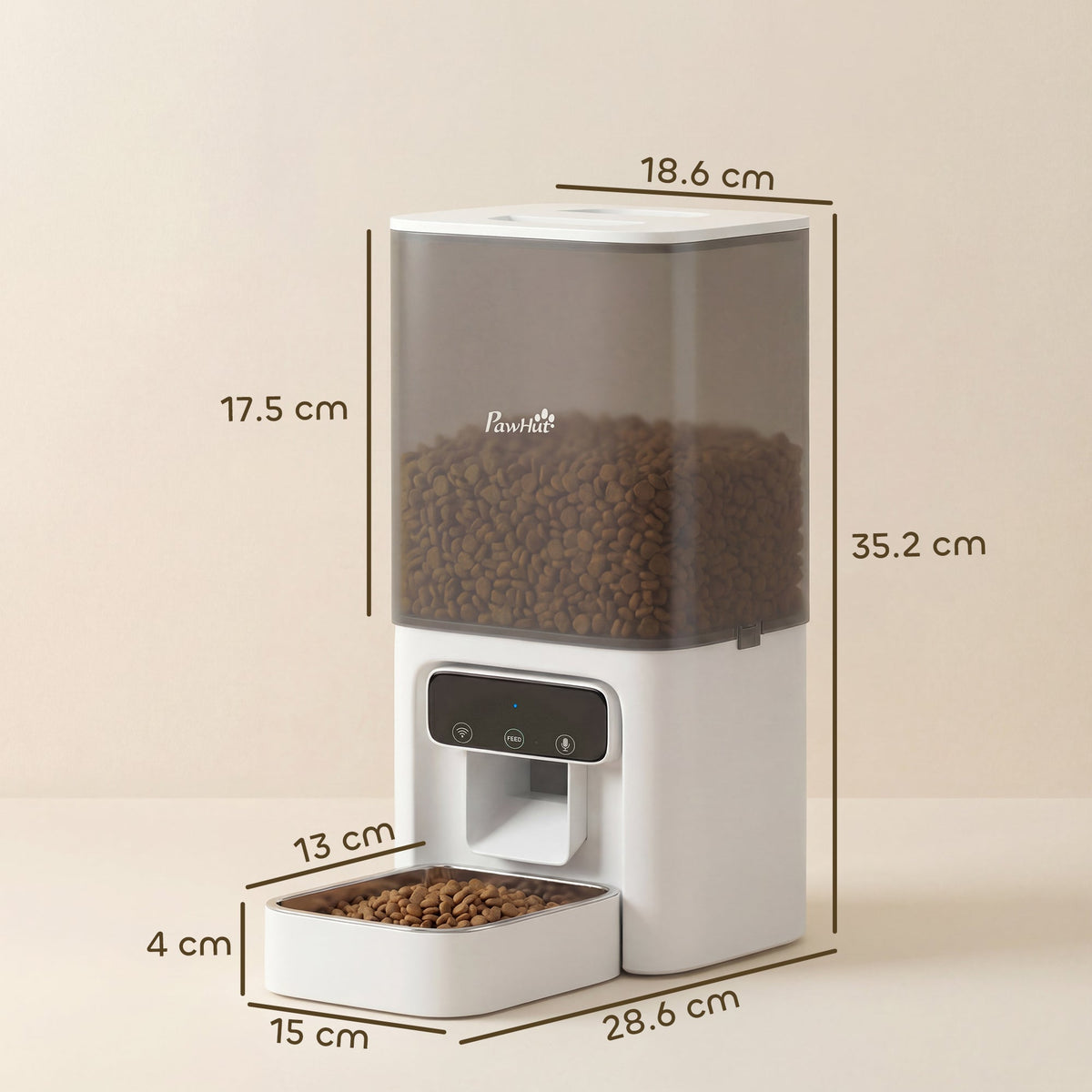 Automatic pet feeder with dimensions shown for height, width, and depth