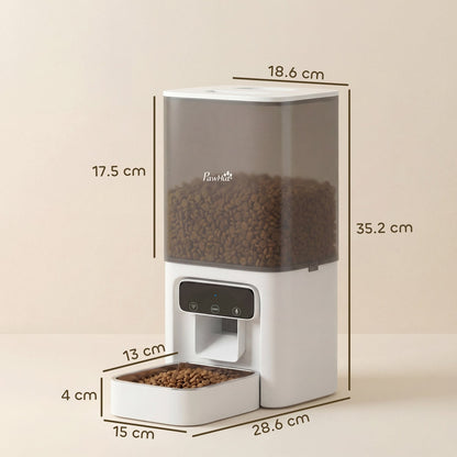 Automatic pet feeder with dimensions shown for height, width, and depth