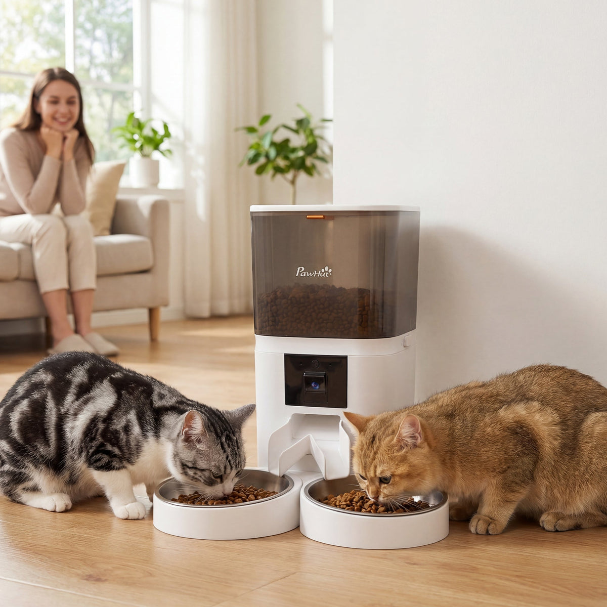 The automatic cat feeder in a living room with two cats eating from the bowls