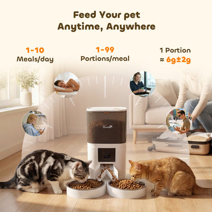 The pet food dispenser allows feeding pets anytime, anywhere with multiple meals and portions
