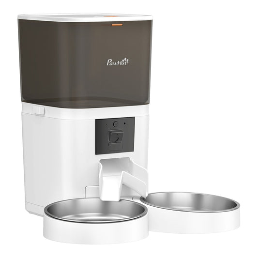 PawHut Automatic Cat Feeder, a white pet food dispenser with two stainless steel bowls in front