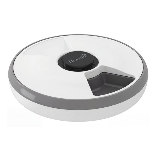 PawHut Automatic Cat Feeder Programmable Timer, a round white and grey device with six food compartments