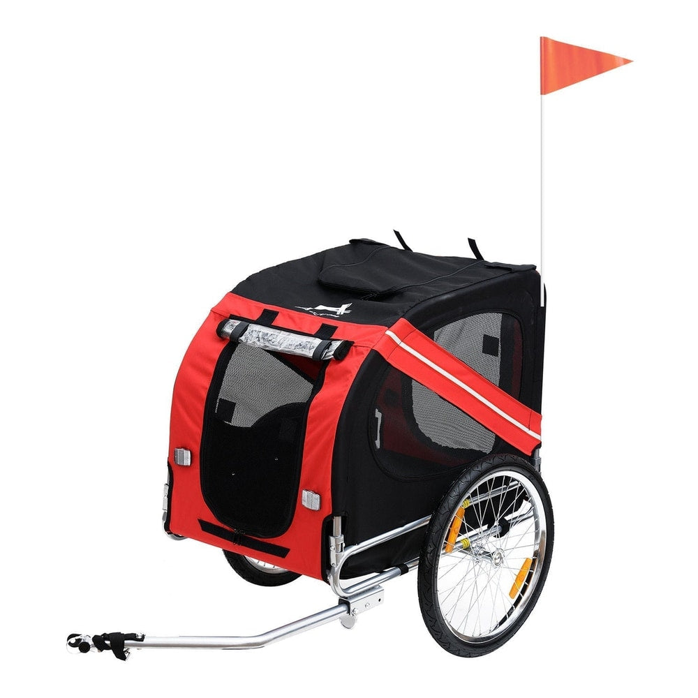 Pawhut Bicycle Pet Trailer in Steel Frame-Red/Black, a red and black trailer with a flag attached to the back
