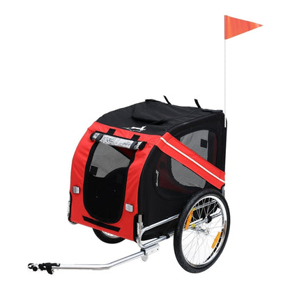 Pawhut Bicycle Pet Trailer in Steel Frame-Red/Black, a red and black trailer with a flag attached to the back