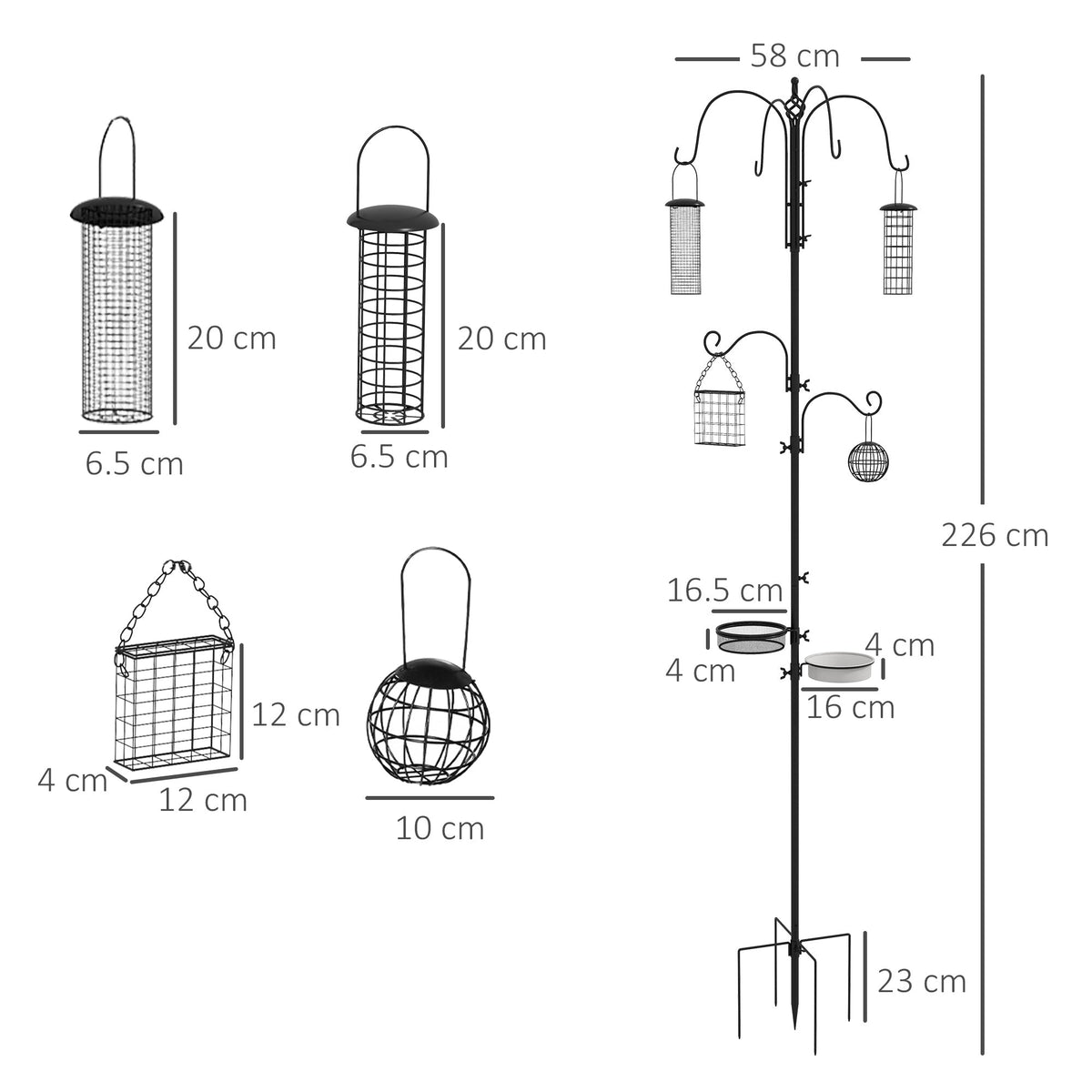 The bird feeding station shown with technical dimensions for each component and the pole