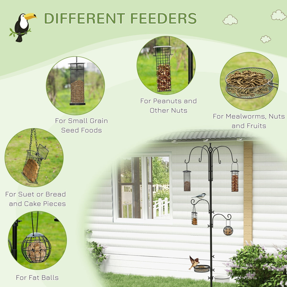 The bird feeding station showing different types of food inside the various hanging feeders