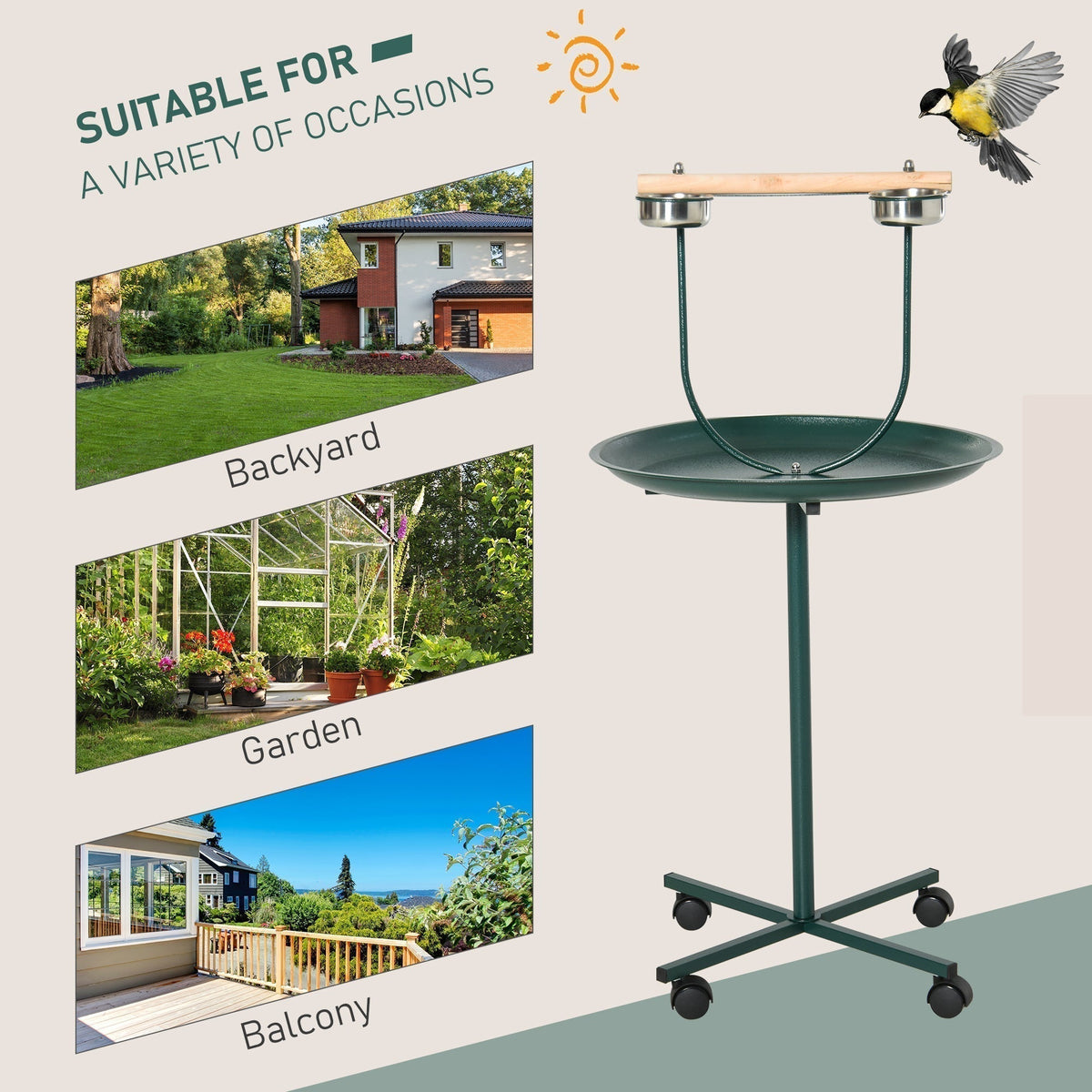 Collage showing the green bird perch stand suitable for a backyard, garden, or balcony