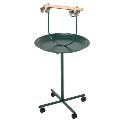 PawHut Bird Perch Stand with Four Wheels, a green bird stand with a perch and two bowls