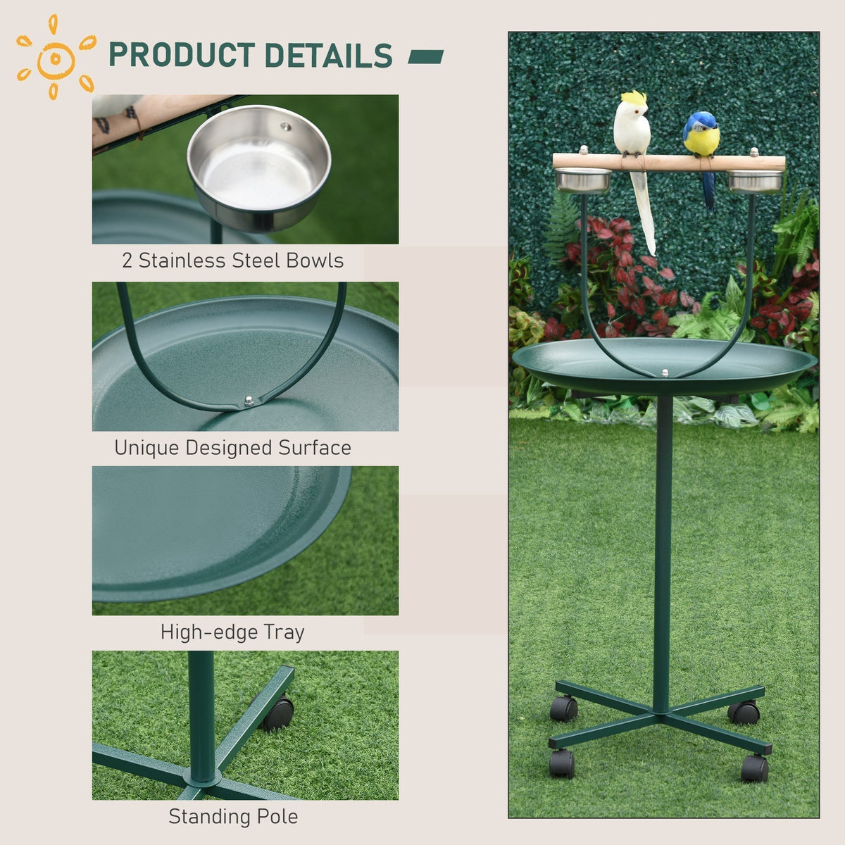 Close-up product details of the green bird perch stand, showing bowls and tray