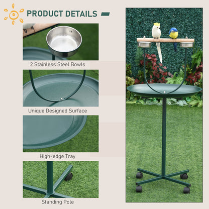 Close-up product details of the green bird perch stand, showing bowls and tray