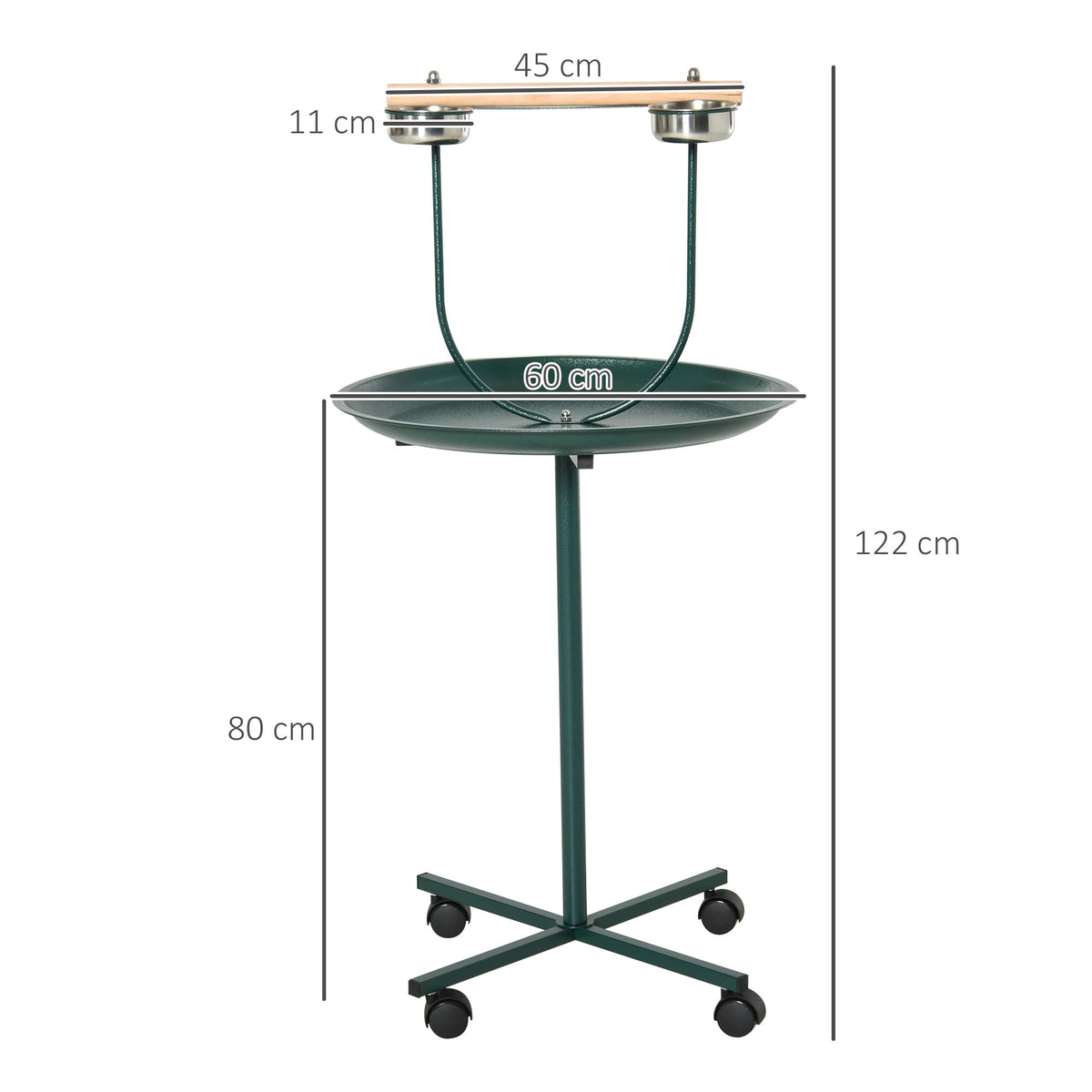 A green bird perch stand with dimensions shown, including height and tray width