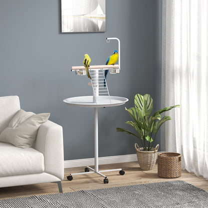 The bird stand with four wheels in a living room with two budgies perched on it