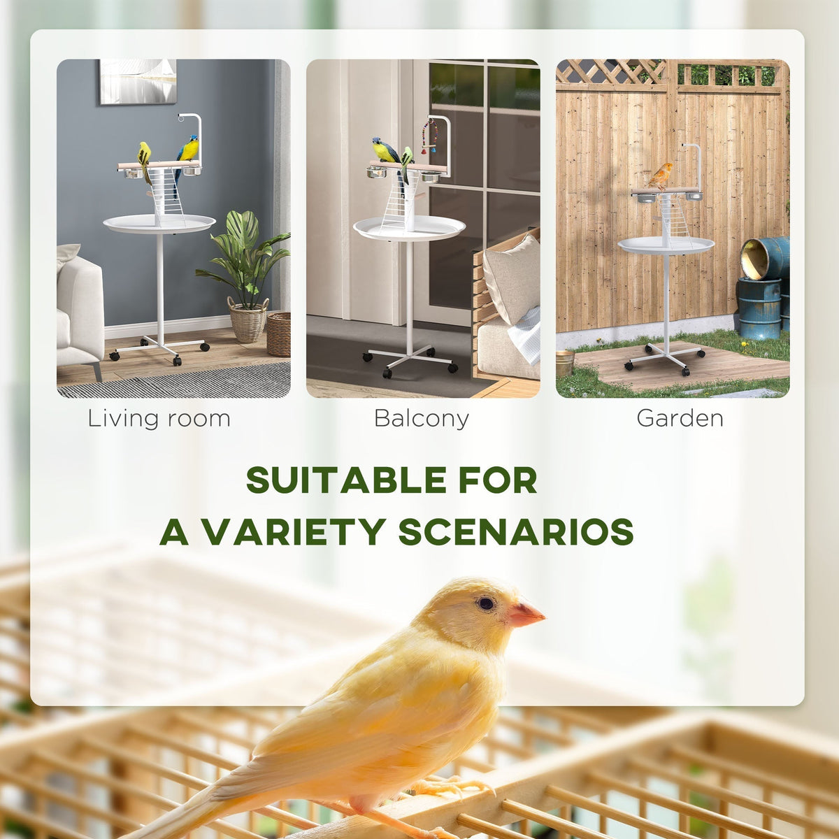 The bird stand with four wheels shown in various settings including living room and garden