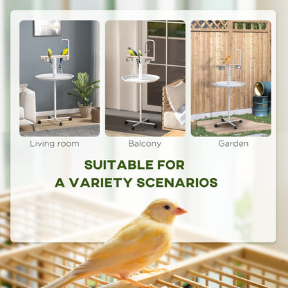 The bird stand with four wheels shown in various settings including living room and garden