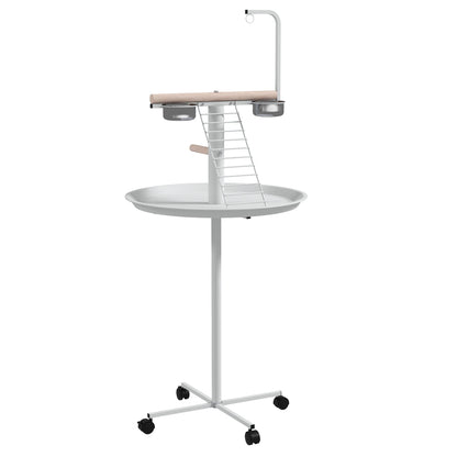 PawHut Bird Stand with Four Wheels, a white metal stand with a round tray, two perches and two stainless steel bowls