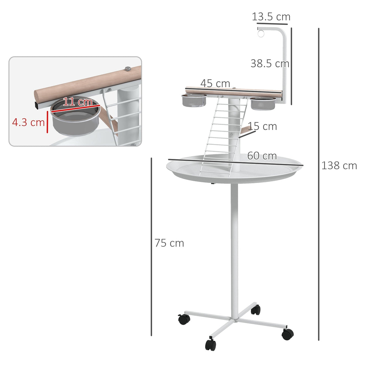 The bird stand with four wheels showing dimensions and parts